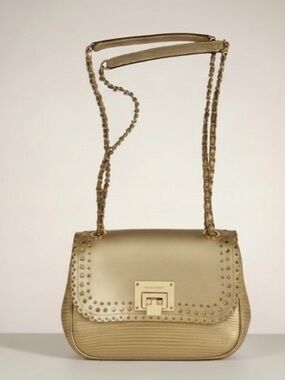 Michael Kors Violet Vivian Leather Straw Raffia Metallic Chain Shoulder Bag Tote